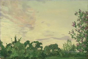 Artworks in 150 Subjects Painting - Twilight Evening landscape with a lilac bush Konstantin Somov plan scenes